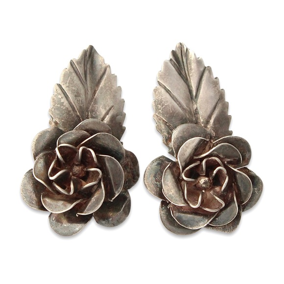 Vintage Sterling Silver Flower & Leaf Screw Back Earrings Large 3D Floral 1940s